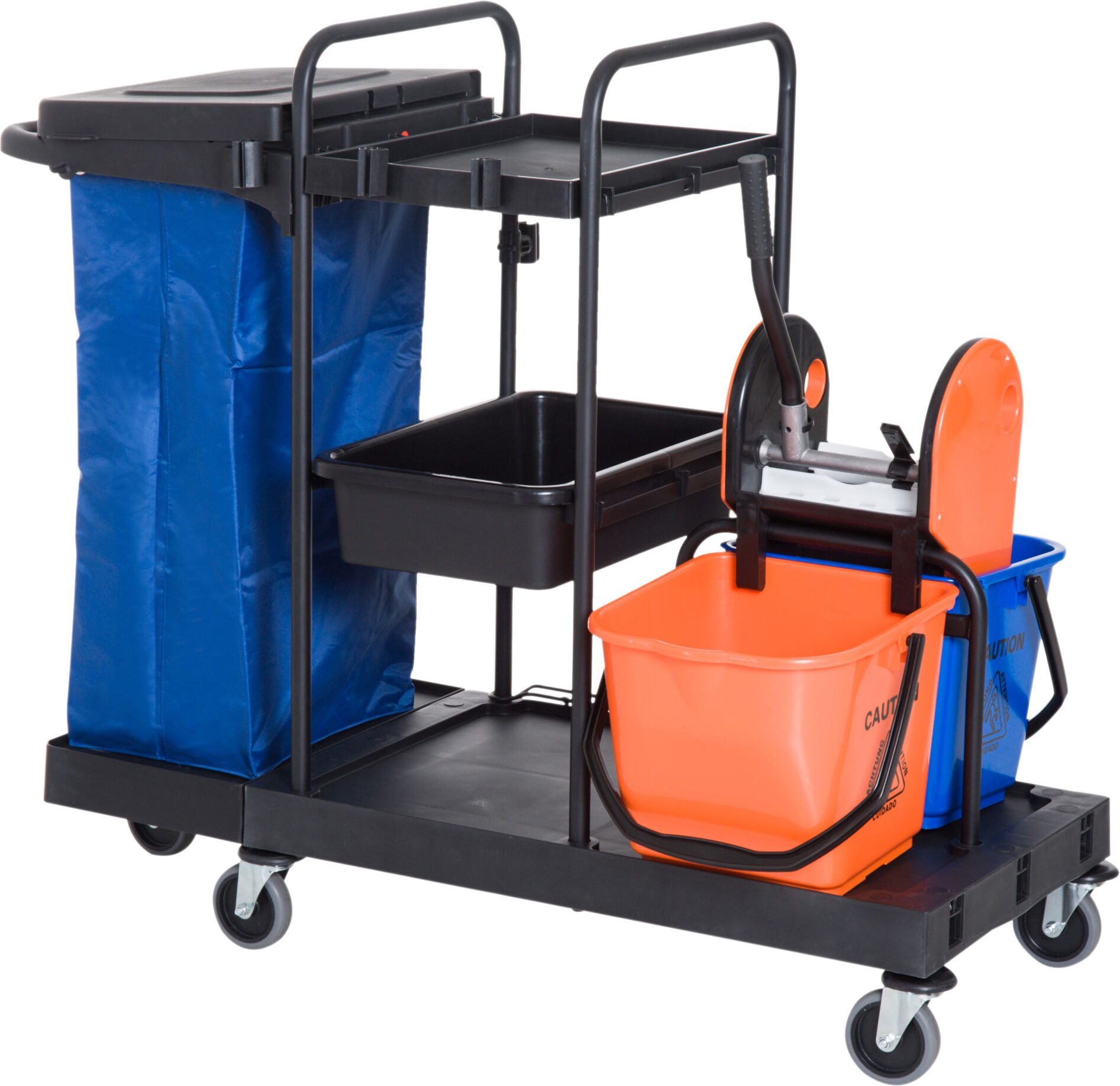 Altro Carrello Pulizie Professionale A 3 Ripiani Con Sacco Per Immondizia, Ganci Per Scopa, Secchio Lavapavimenti Con Strizzatore Per Mocio E 5 Ruote, Per