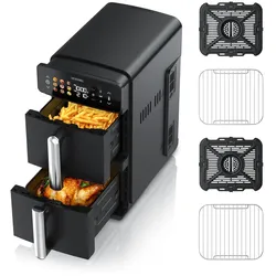 Arendo Heißluftfritteuse mit 2 Kammern Übereinander, XXL Doppelkammer Airfryer 11L, Dual Zone, 2400 W, mit Zubehör, Umluft Backofen, Edelstahl