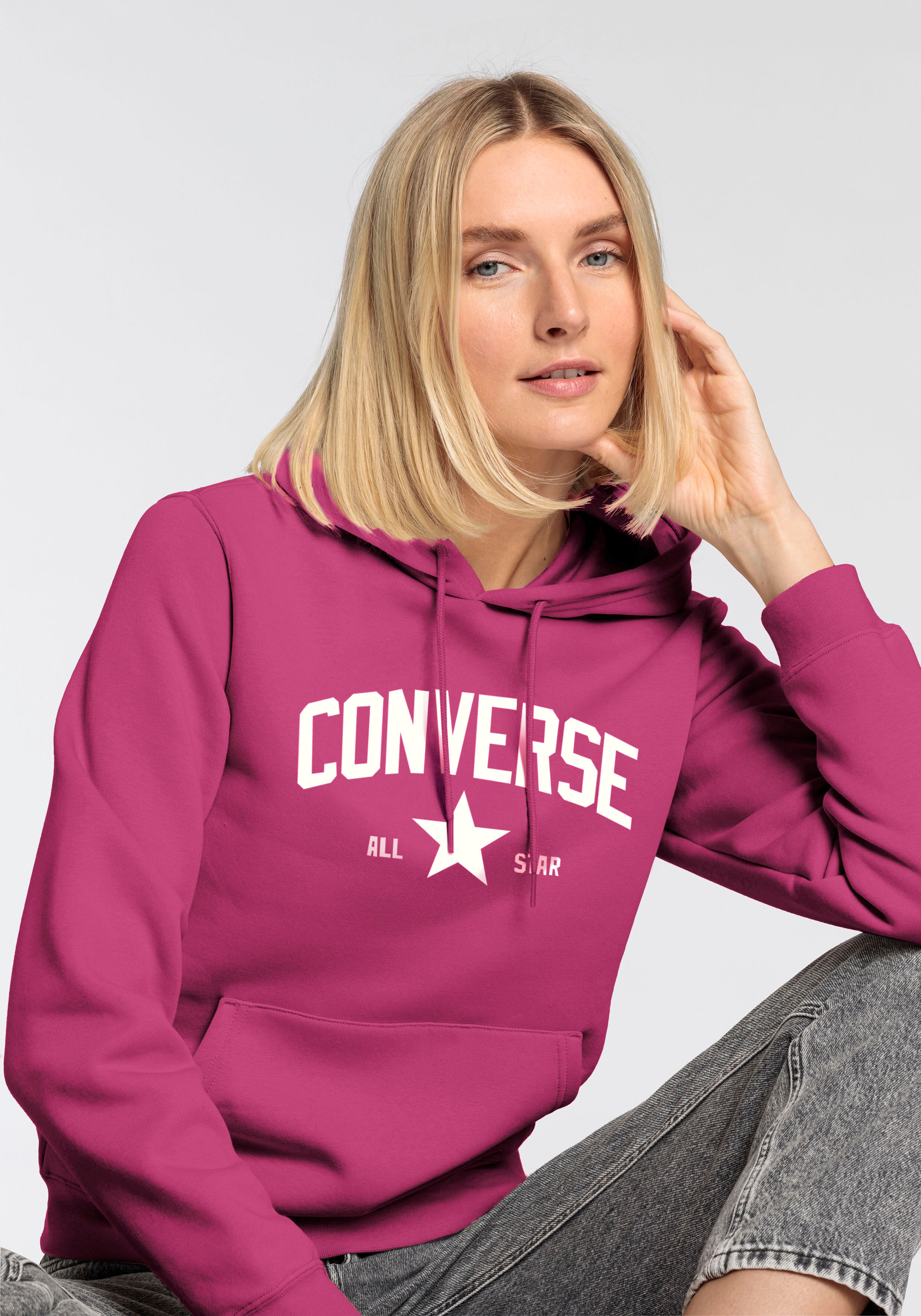 Kapuzensweatshirt CONVERSE, Damen, Gr. L (40), lila (quantum violet), Jersey, Obermaterial: 80% Baumwolle, 20% Polyester, unifarben, Sweatshirts Kapuzensweatshirt, mit Kordel, Langarm-Design, unifarben quantum violet L (40)