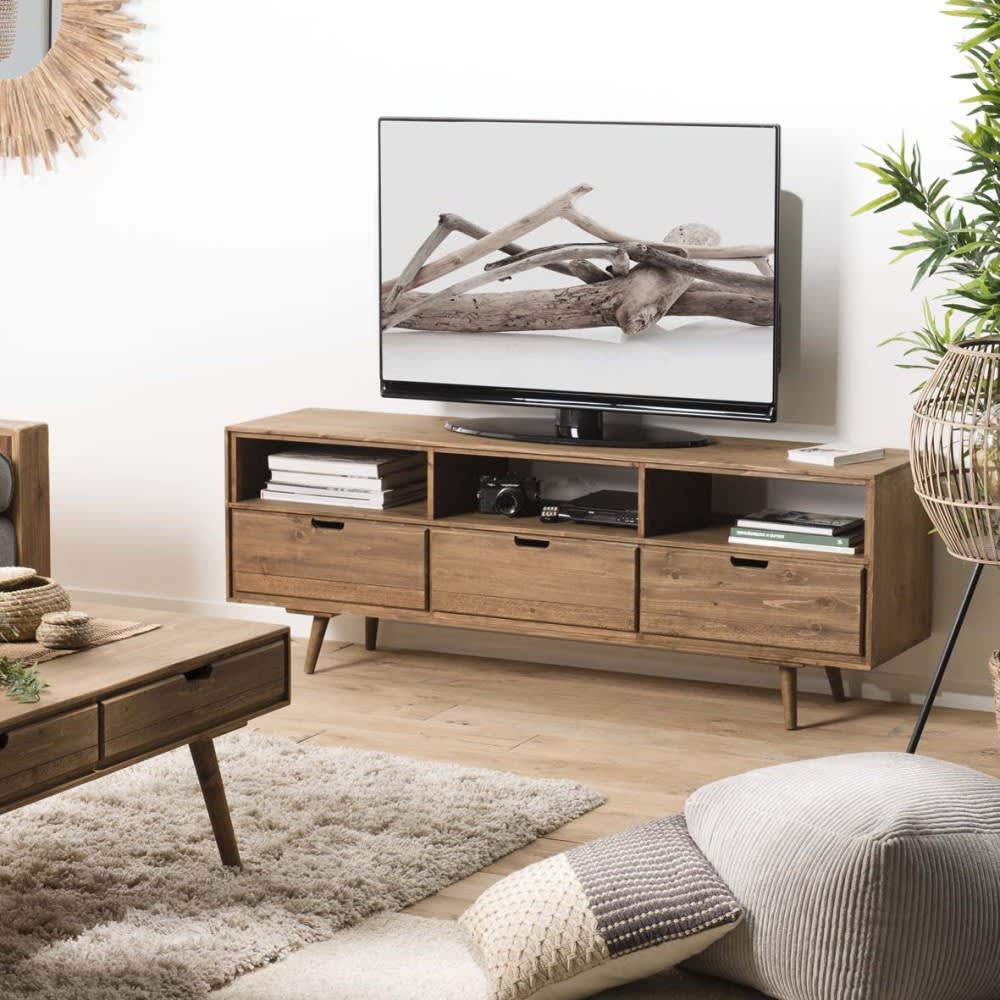 MACABANE Meuble tv 3 tiroirs 3 niches en sapin Marron 165x60x40cm