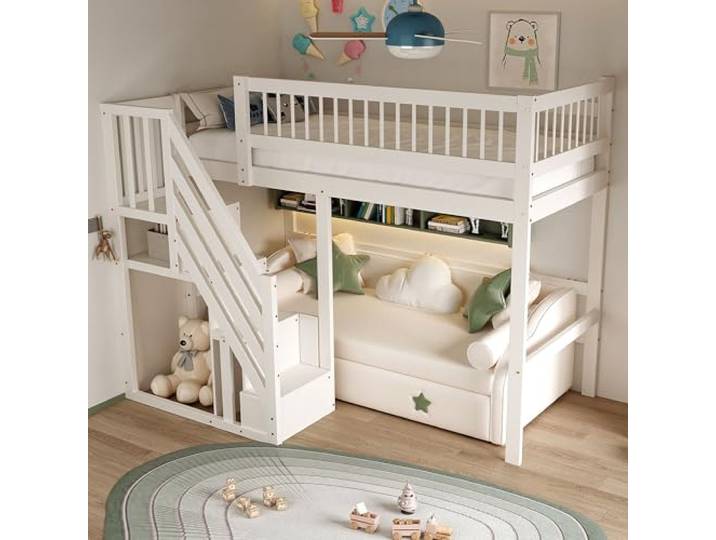 Merax Hochbett für Einzelbett, 90 x 200 cm, multifunktionales Hochbett für Kinder, mit Treppe und Stauraum, Massivholzrahmen, Weiß (ohne Matratze)