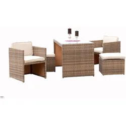 Merxx Merano Set 11tlg., 2 Sessel inkl. Sitz- und Rückenkissen, 2 Hocker inkl. Sitzkissen, 1 Tisch 127 x 70 cm, Stahl/Kunststoffgeflecht, savannagrau