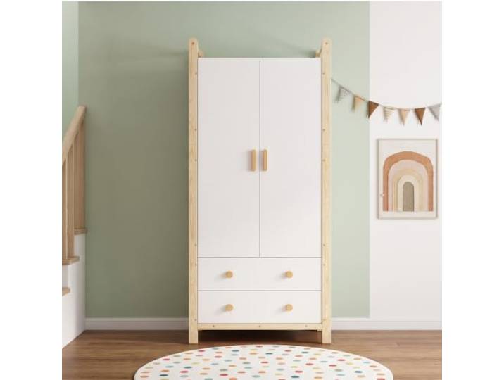 Merax Kleiderschrank mit 2 Schubladen und Drehtüren, Weiß/Natur