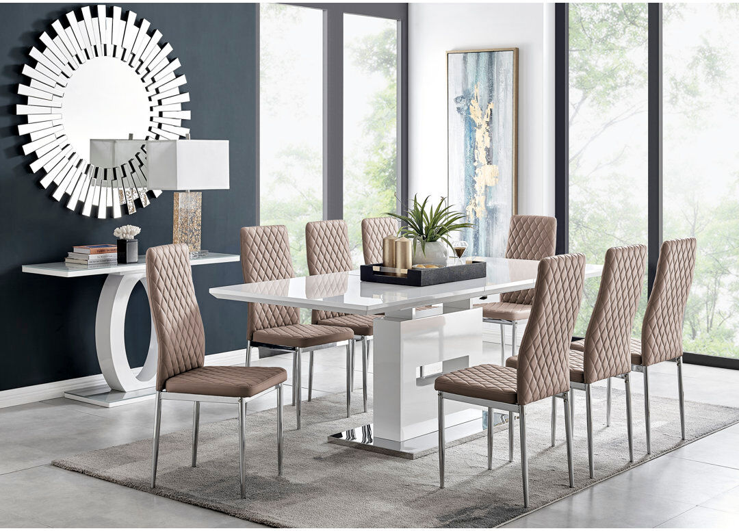Canora Grey Alezzo Modern High Gloss Extendable Dining Table Set with 8 Quilted Faux Leather Dining Chairs Cappuccino/Silver 8