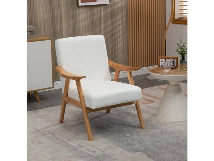MEULVA Fauteuil lounge scandinave blanc crème avec accoudoirs bois 68 x 74 x 82 cm