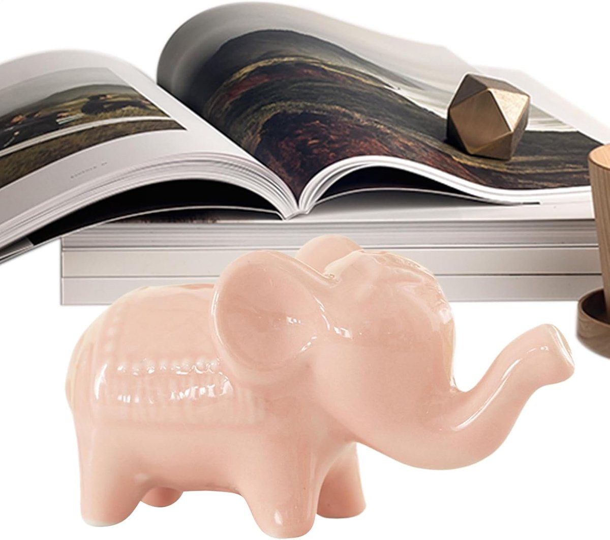 Roze keramisch olifant beeldje voor decoratie van je woonkamer, Lengte: 16 cm