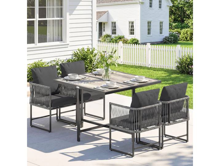 Outsunny Ensemble Jardin 5pcs Polyrattan Table 4 Chaises Gris