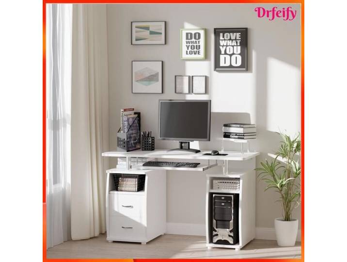 Bureau informatique multimédia - AKOZON - 8528 - 120x55x85 cm - Multi-rangements - Blanc