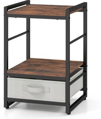 Costway Nightstand Industrial Bedside Table with Open Storage Shelf and Fabric Drawer-Rustic Brown