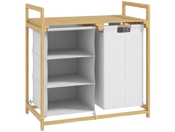 Homcom Wäschekorb 4 Fächer Wäschesammler mit 2 ausziehbaren Wäschesäcken Weiß, Bambusholz, Echtholz,Bambus, 36x70x70 cm, Haushalt & Reinigung, Wäschepflege, Wäschekörbe & Tonnen