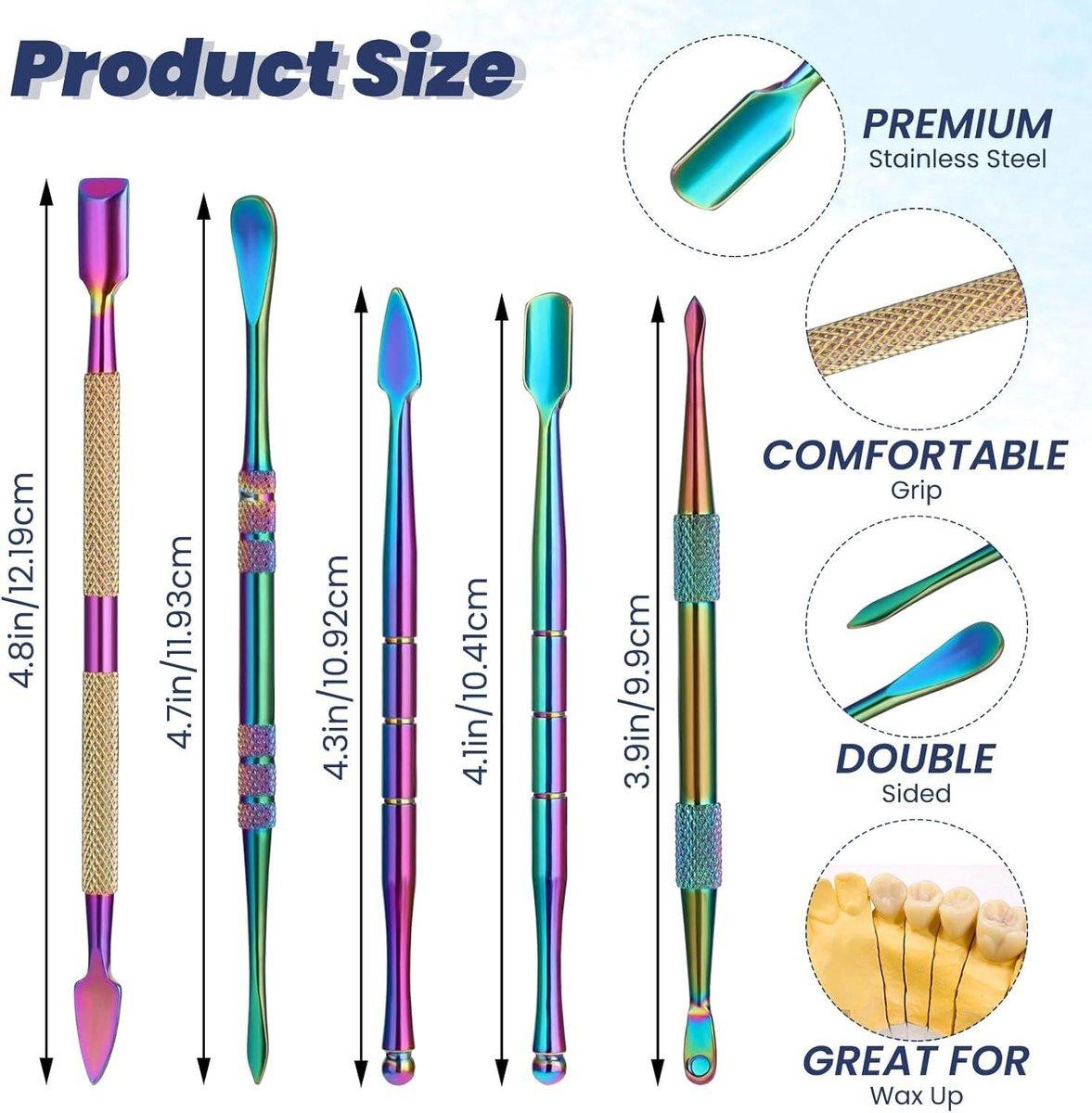 Set van 5 dubbelzijdige waxsnijgereedschappen van roestvrij staal met regenboogmotief, multicolor