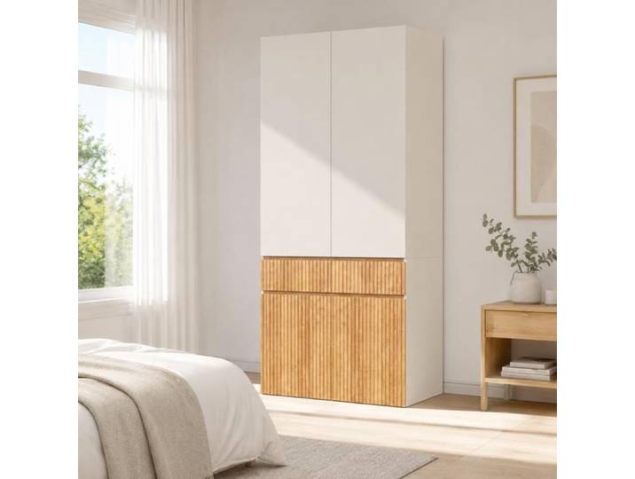 Armoire de Chambre - 90x50x200 cm - Armoire Penderie 4 Portes avec 1 Tiroir et Compartiments - Chêne Clair et Blanc