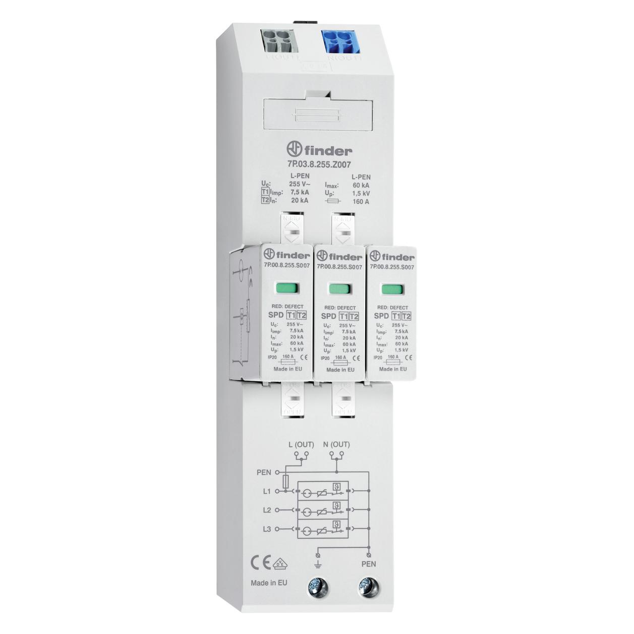 Finder 7P.03.8.255.Z007 Kombiableiter Typ 1+2 für dreiphasige TN-C Netze (7P038255Z007)