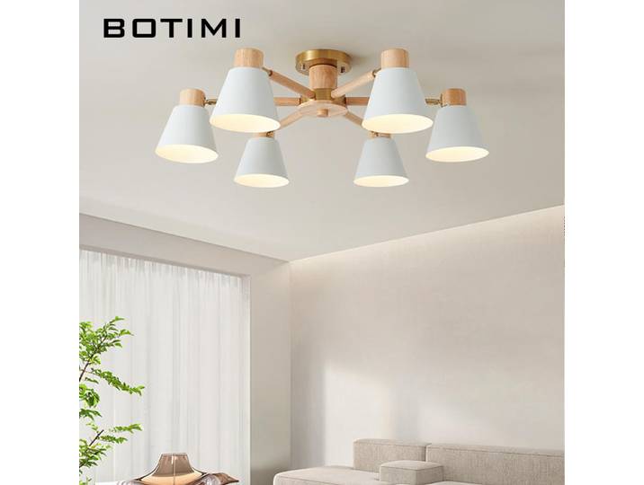 BOTIMI décor intérieur Lustre en bois massif avec abat-jour en métal blanc pour Foyer concepteur en bois chambre lumières Lustre nordique