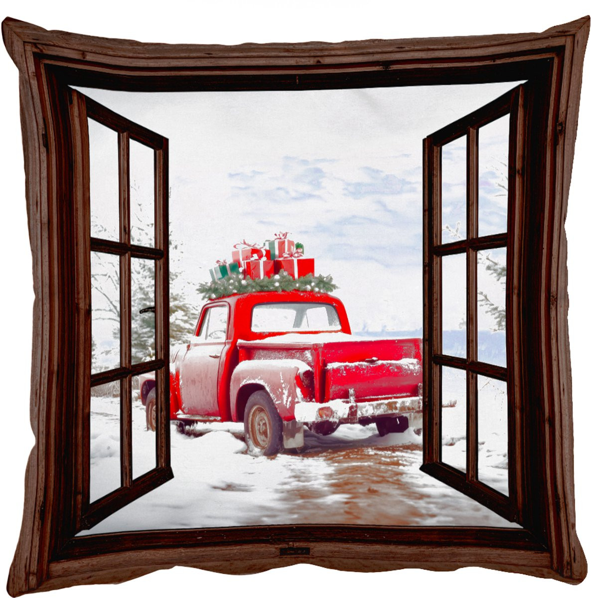 PillowMonkey Sierkussen Rood met Winterlandschap en Auto - 45 x 45 cm