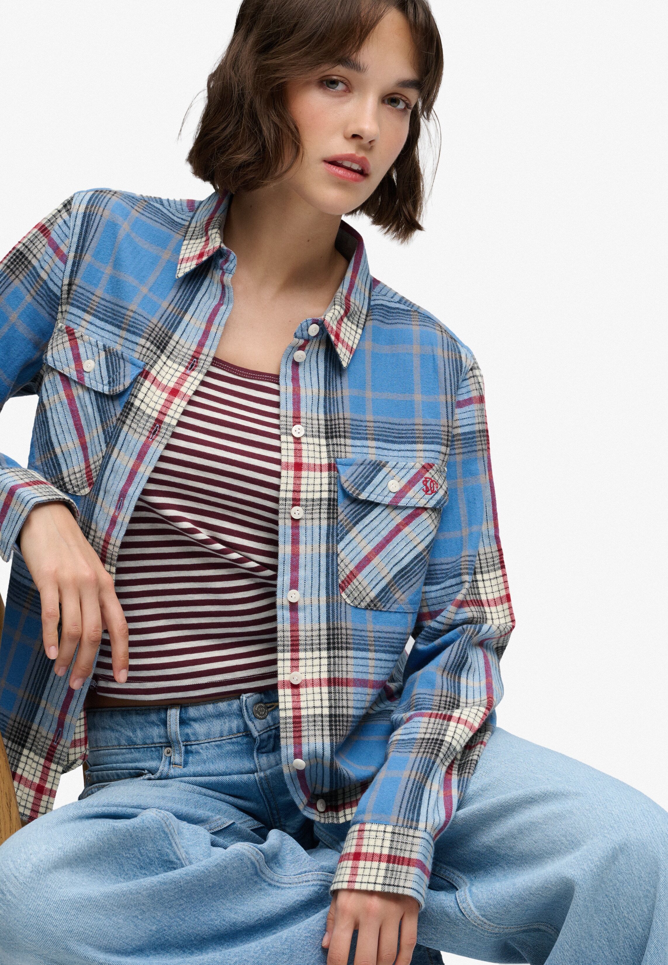 Karobluse SUPERDRY "LUMBERJACK CHECK FLANNEL SHIRT", Damen, Gr. XS, blau (jackson check blau), Web, Obermaterial: 100% Baumwolle, kariert, relaxed fit normal, Blusen Karobluse, Baumwolle, relaxed fit, aus weichem Flanell jackson check blau XS