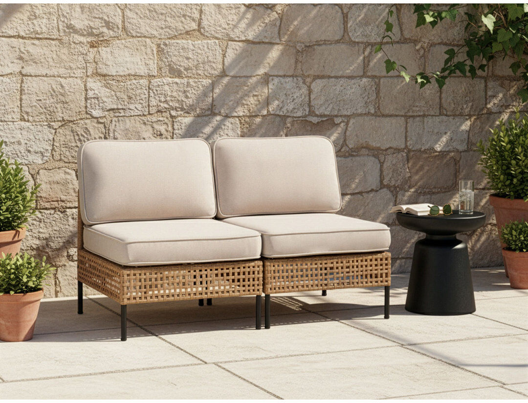 Dakota Fields Cassaundra 130 cm W Steel and Wicker Patio Sofa with Cushions Beige 80cm H X 130cm W X 68cm D