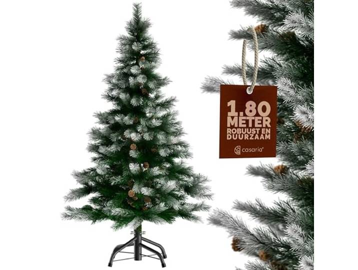 Casaria Kerstboom Kunstboom 180cm PVC Sneeuw-Effect Denneappels met standaard Groen-Wit