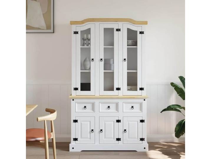 KTHLBRH Sideboard weiß 112 x 43 x 196 cm Massivholz Kiefer 3 Schubladen, 6 Türen, Metallgriffe, viel Stauraum, Glas, Sperrholz