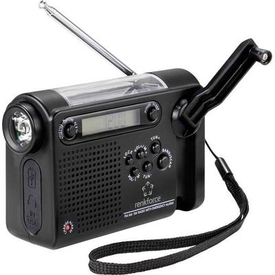 Renkforce RF-CR-200 Kofferradio UKW, MW, KW Notfallradio wiederaufladbar, Solarpanel, Handkurbel, Weckfunktion, Taschenlampe Schwarz