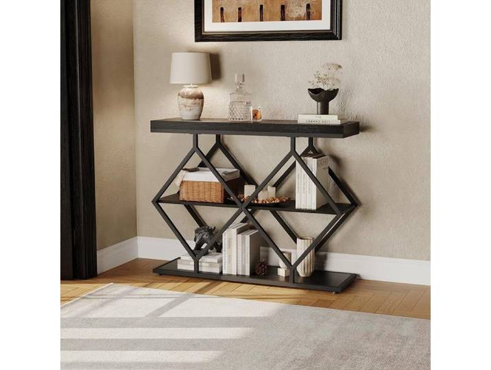 Table Console Console Meuble Console étroite 3 niveaux avec étagères ouvertes pour entrée couloir et derrière canapé noir