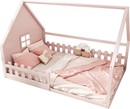 Flachbett 140x200cm Ohne Matratze Kinderbett Rosa Kiefernholz Mit Hausleiste Gelaender
