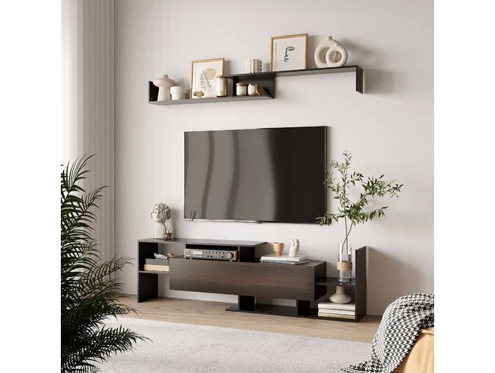 HOMCOM Ensemble Meuble TV Banc Étagère Murale Noir 153,6 cm