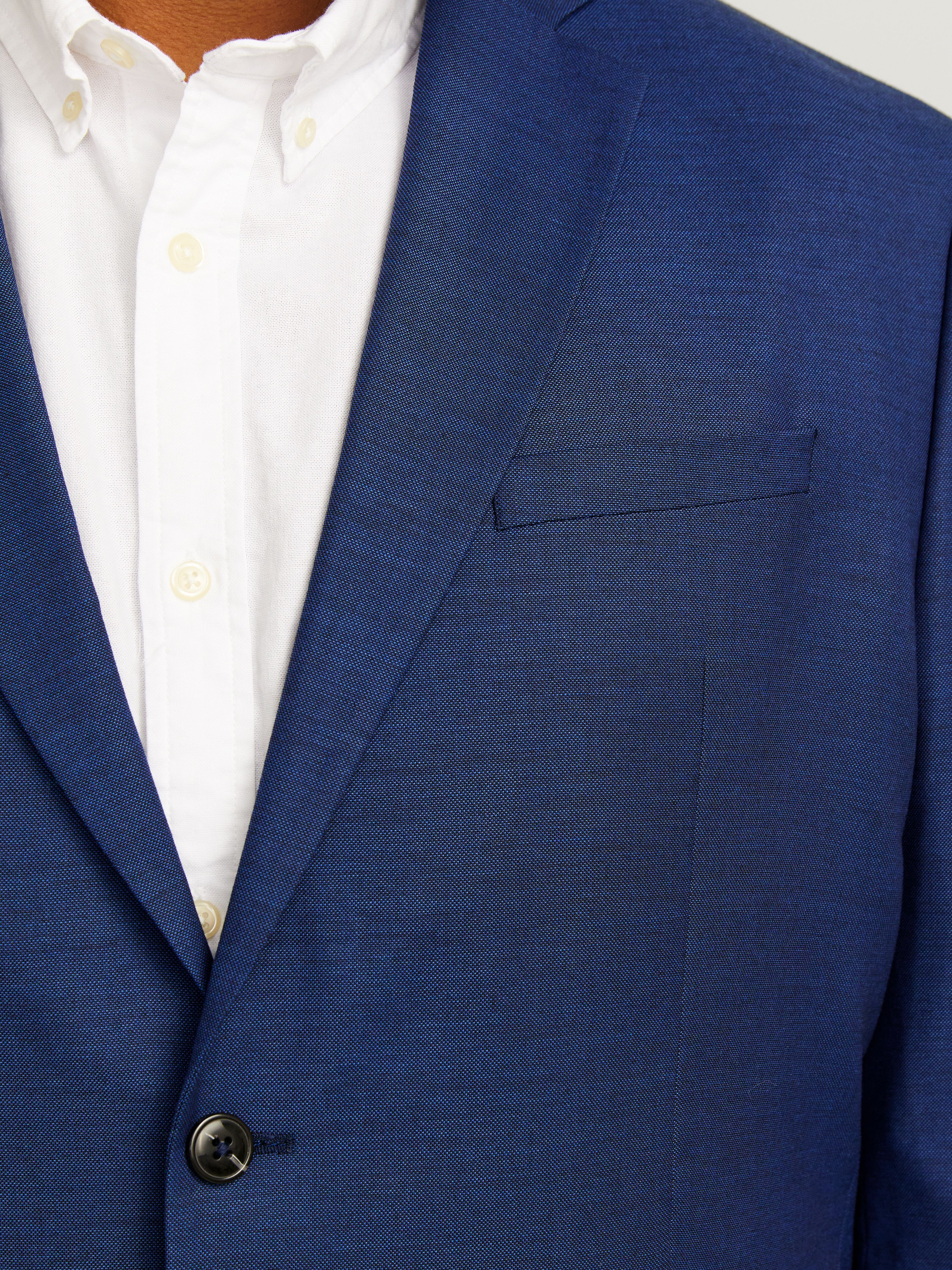 Sakko "JPRSOLARIS BLAZER NOOS PLS", Herren, Gr. 66, blau (medieval blau), Web, Obermaterial: 59% Polyester, 24% Wolle, 16% Viskose, 1% Elasthan, JACK & JONES PLUSSIZE, unifarben, slim fit, Sakkos Sakko medieval blau 66