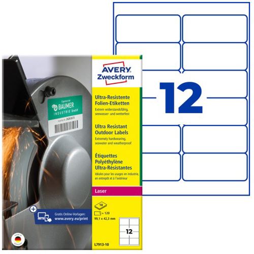 AVERY Zweckform 120 resistente Folienetiketten L7913-10 weiß 99,1 x 42,3 mm