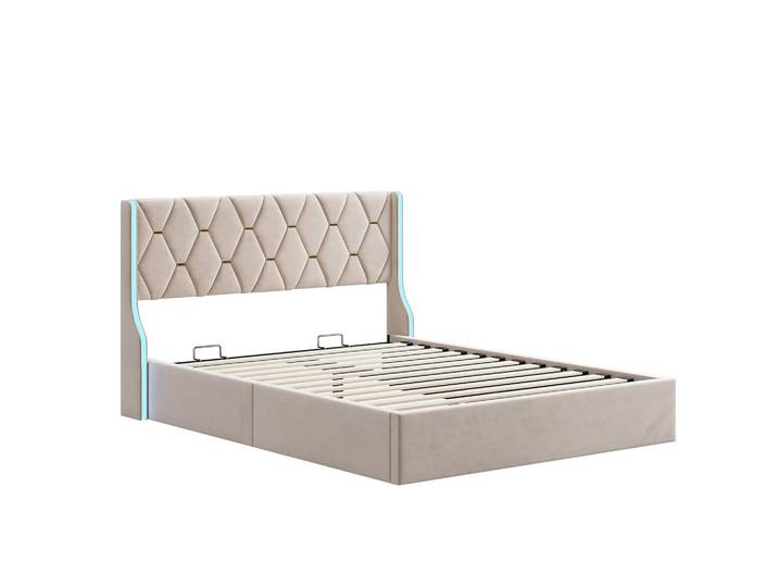 Polsterbett 160x200 cm, Hydraulisches Boxspringbett mit Bettkasten & Led, Beige, Mode, 160x200 cm, Schlafzimmer, Betten, Polsterbetten