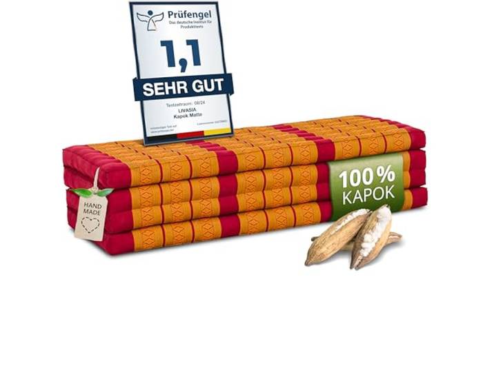 livasia Nachhaltige Klappmatratze Kapok XXL - 200x140x8cm - extrabreite Gästematratze, Faltbare Matratze doppel, ökologische Yogamatte, Gästebett klappbar, Liege Garten Balkon (Rot/Gelb)
