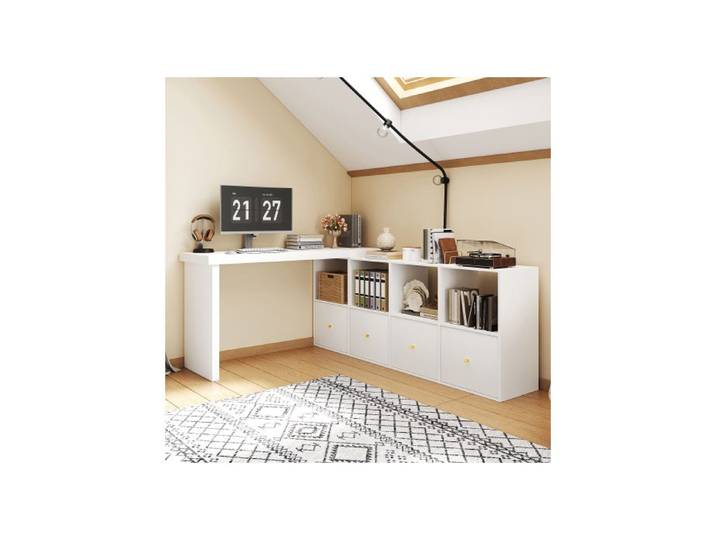 Bureau 120x48 cm pivotant 360° en L ou droit avec 4 tiroirs et 4 niches en MDF blanc