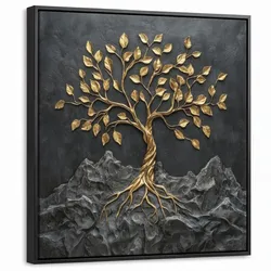 LEINWAND Bilder mit Rahmen - Blätter - Gold - Baum - Fels - 50x50