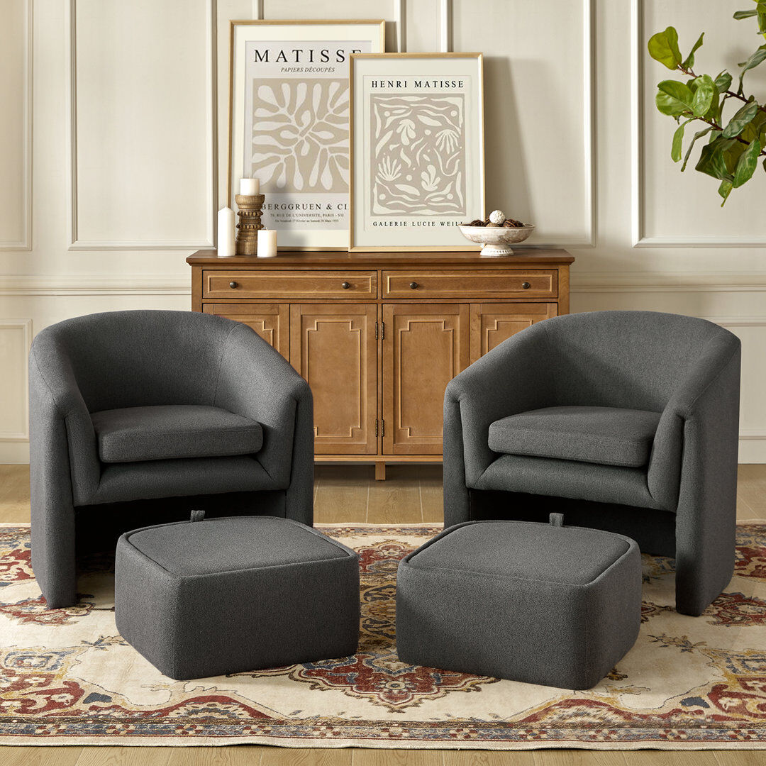 Ophelia & Co. Yeomans Modern Upholstered Versatile Barrel Chair With Removable Leg Storage Ottoman Set Of 2 Charcoal 77.47cm H X 81.28cm W X 73.66cm D