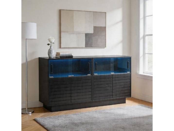 Meuble TV - 130 x 35 x 68 cm - 4 portes vitrées - 4 compartiments - Éclairage LED