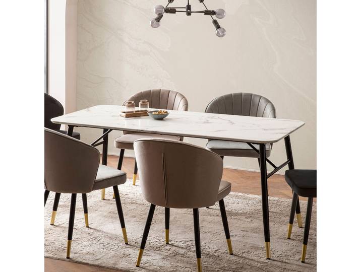 FineBuy Table de salle à manger blanche 180 cm Table de salle à manger aspect marbre Table de cuisine moderne avec pieds en métal Table de salle à manger rectangulaire Table de salle à manger