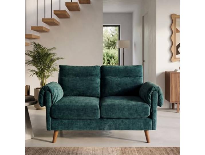 2-Sitzer Sofa Grün Chenille Stoff, kompakt für Wohnzimmer und Wohnung Weicher strapazierfähiger Stoff, dicke bequeme Kissen. Stabiler Holzoptik-Füße, kompakte Bauweise, schnelle Montage.