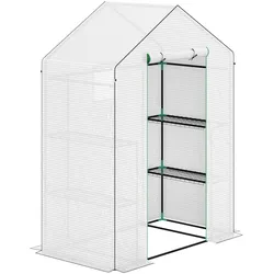 MODFU Foliengewächshaus begehbar 143x74x190 cm Weiß mit Rolltür Fenster und 6 Regalen UV Schutz Abdeckung aus Stahlrahmen für Balkon und Garten