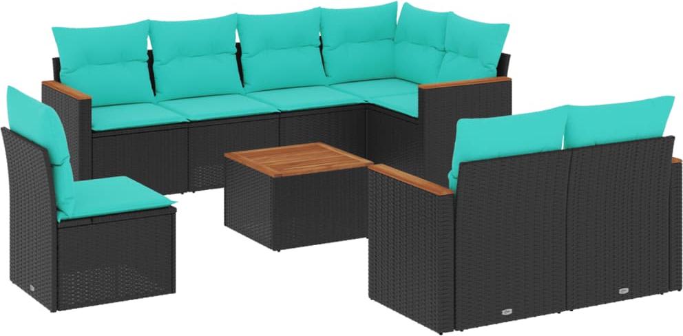 9-teiliges Gartensofa-Set mit Kissen, schwarzes Polyrattan
