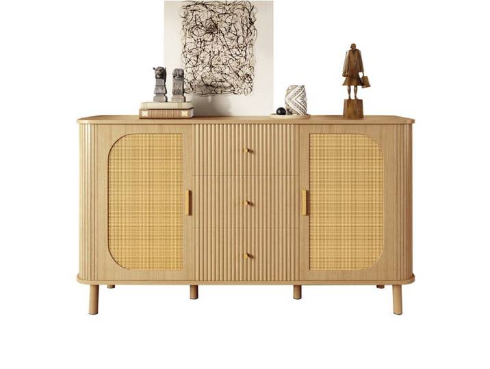 WOVREO Buffet bas 140 x 40 x 80 cm 2 portes effet rotin 3 tiroirs MDF bois naturel