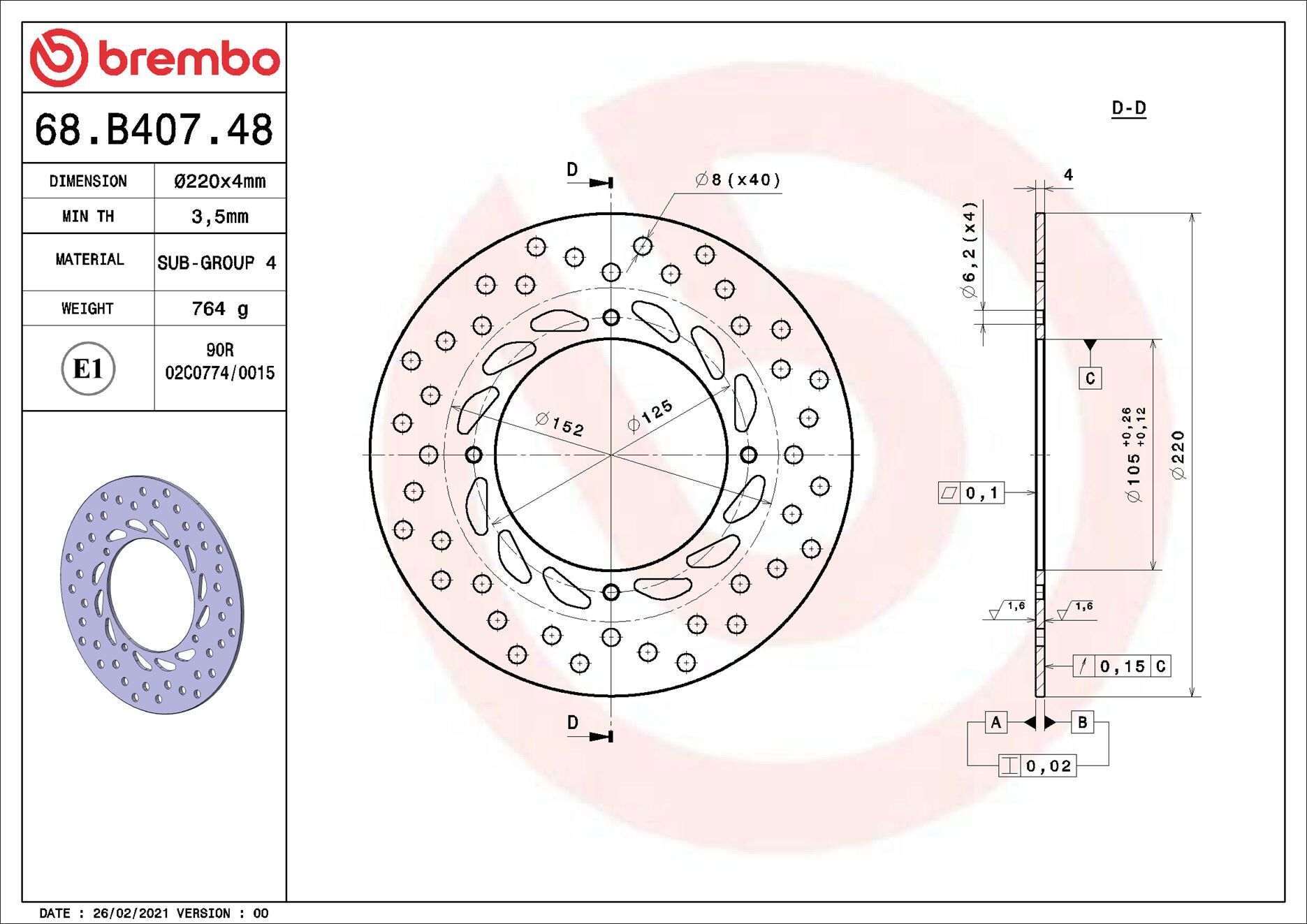 Brembo Bremsscheibe 68b40748 220mm 4mm