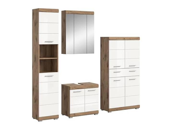 xonox.home - Badkombination Wave 204x191x34 cm in Nox Eiche und weiß hochglanz - Badezimmerkombination Badset Badmöbel - robust und langlebig funktional