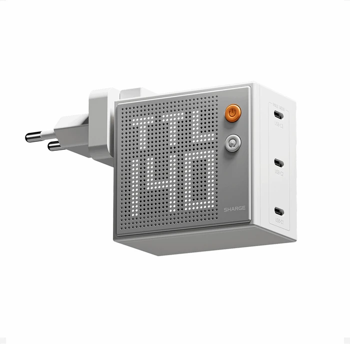SHARGE Pixel 140 GaN-Ladegerät, 140W, 3x USB-C, Dot-Matrix-Display - weiss
