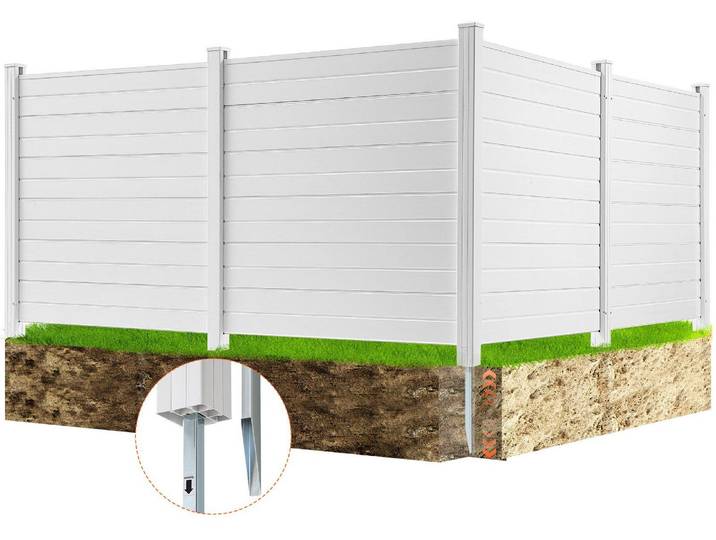 VEVOR 4xPanneaux Clôture de jardin 122x122cm Clôture pare-vue PVC et piquet de terre en tôle galvanisée Clôture brise-vent Poteaux métalliques jusqu'à 50cm Clôture à lames Clôture à emboîter Clôture pare-vue idéale pour équipement de piscine Climatiseurs