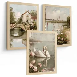POSTER 3er Bilder-Set Wandbilder Ölmalerei modern Wohnzimmer Deko, Schlafzimmer, Küche, Badezimmer Leichter Holzrahmen A3