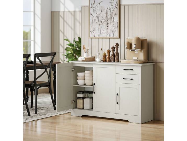 HOMCOM Buffet Moderne 3 Portes 2 Tiroirs Crème 120x38x79 cm