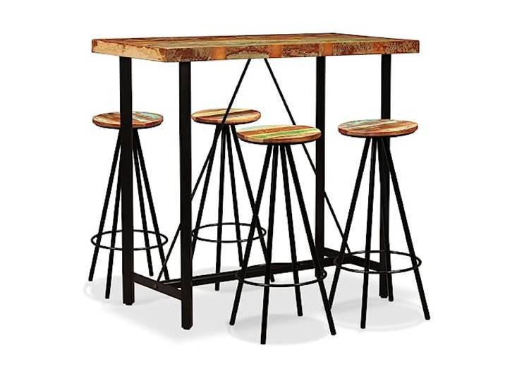 KFPOERTFGD 5-TLG. Bar-Set aus massivem Altholz, Industrie-Stil Stehtisch mit 4 Barhockern, Wohnzimmer-Möbel