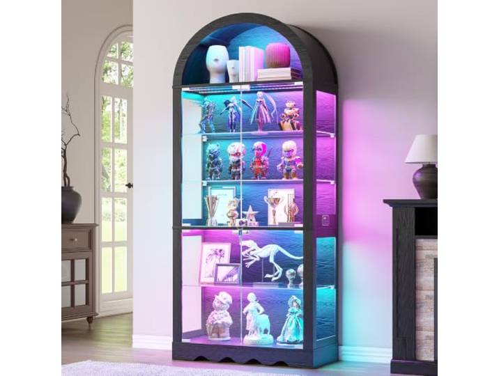 FREDEES 180cm Vitrine mit Glastüren 6 Ebenen mit Bogen-Design & RGB LED (Mattschwarz)