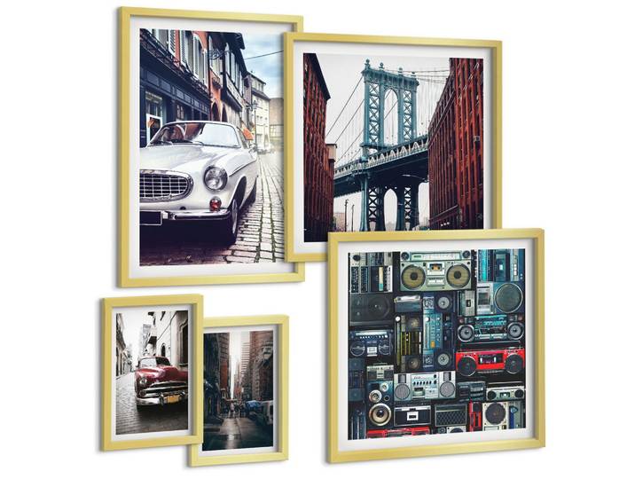 BILDER SET 5er Set - 50x50 cm & 20x30 cm & 40x60 cm Goldrahmen - Old Cars Brooklyn Retro-Audio