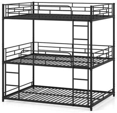 Costway Metal Triple Bunk Bed with Safety Guardrails and 2 Ladders-Black